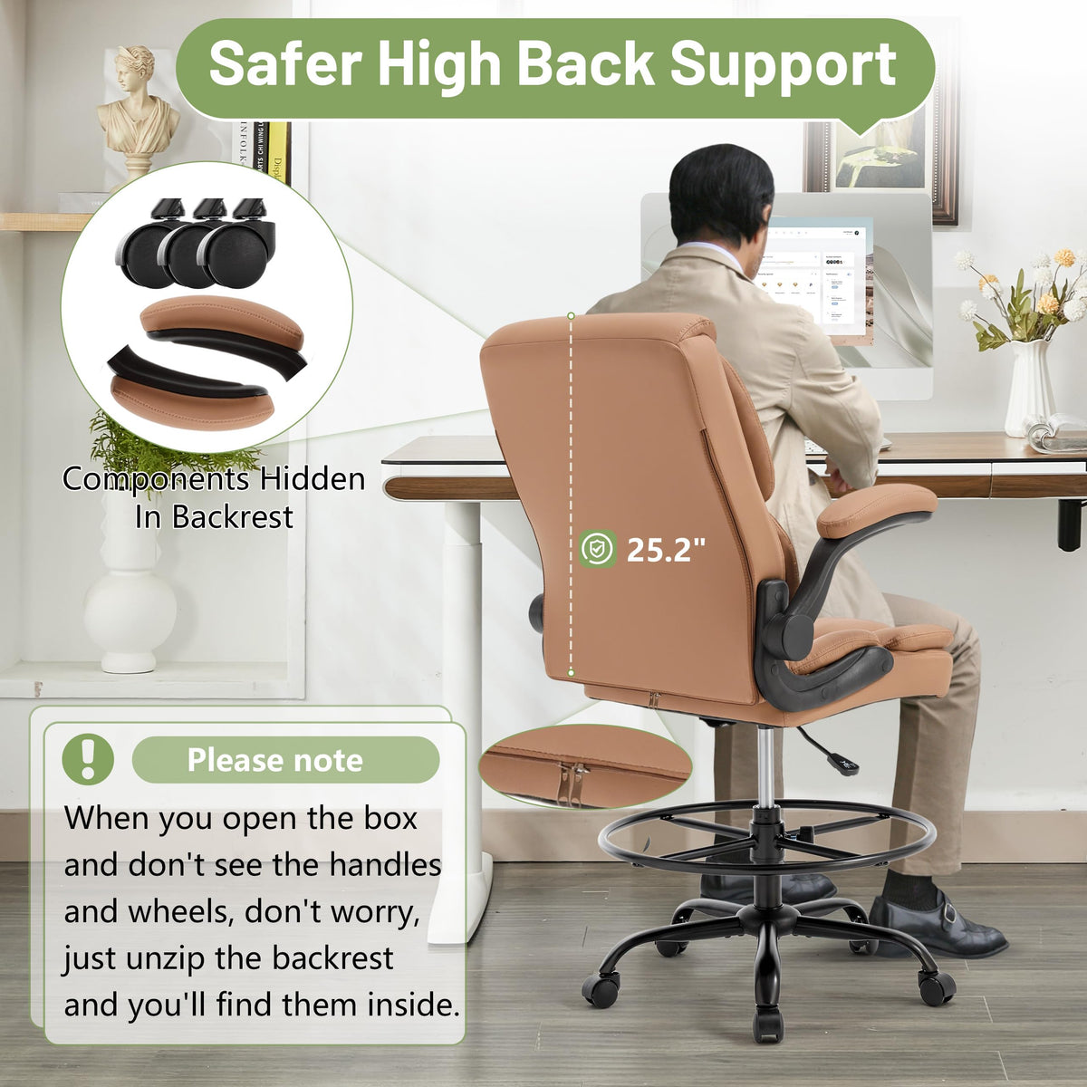 Brown High Back Upholstered Drafting Chair with Flip-up Armrests K359379