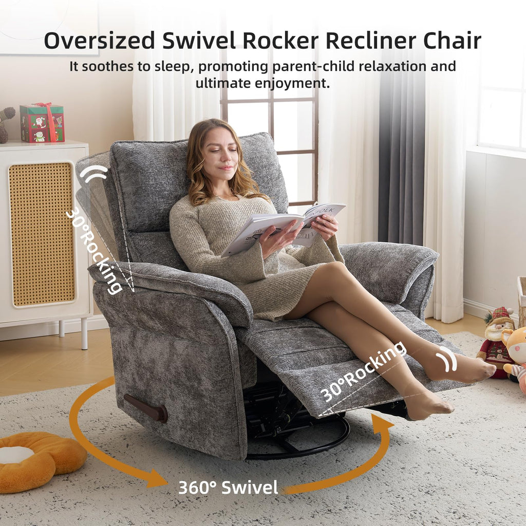 Oversized Chenille Swivel Rocker Recliner with Adjustable Headrest E9367