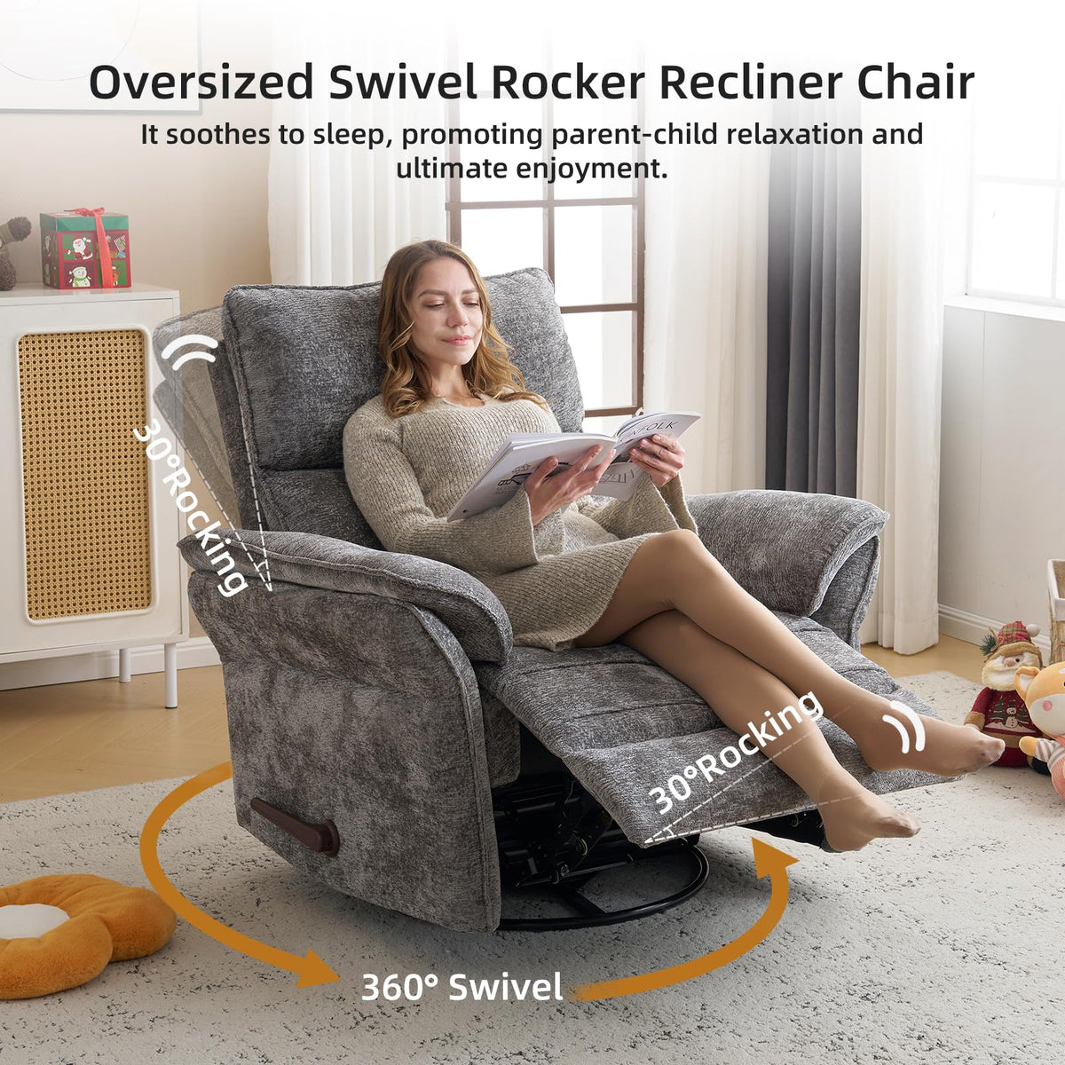 Oversized Chenille Swivel Rocker Recliner with Adjustable Headrest E9367