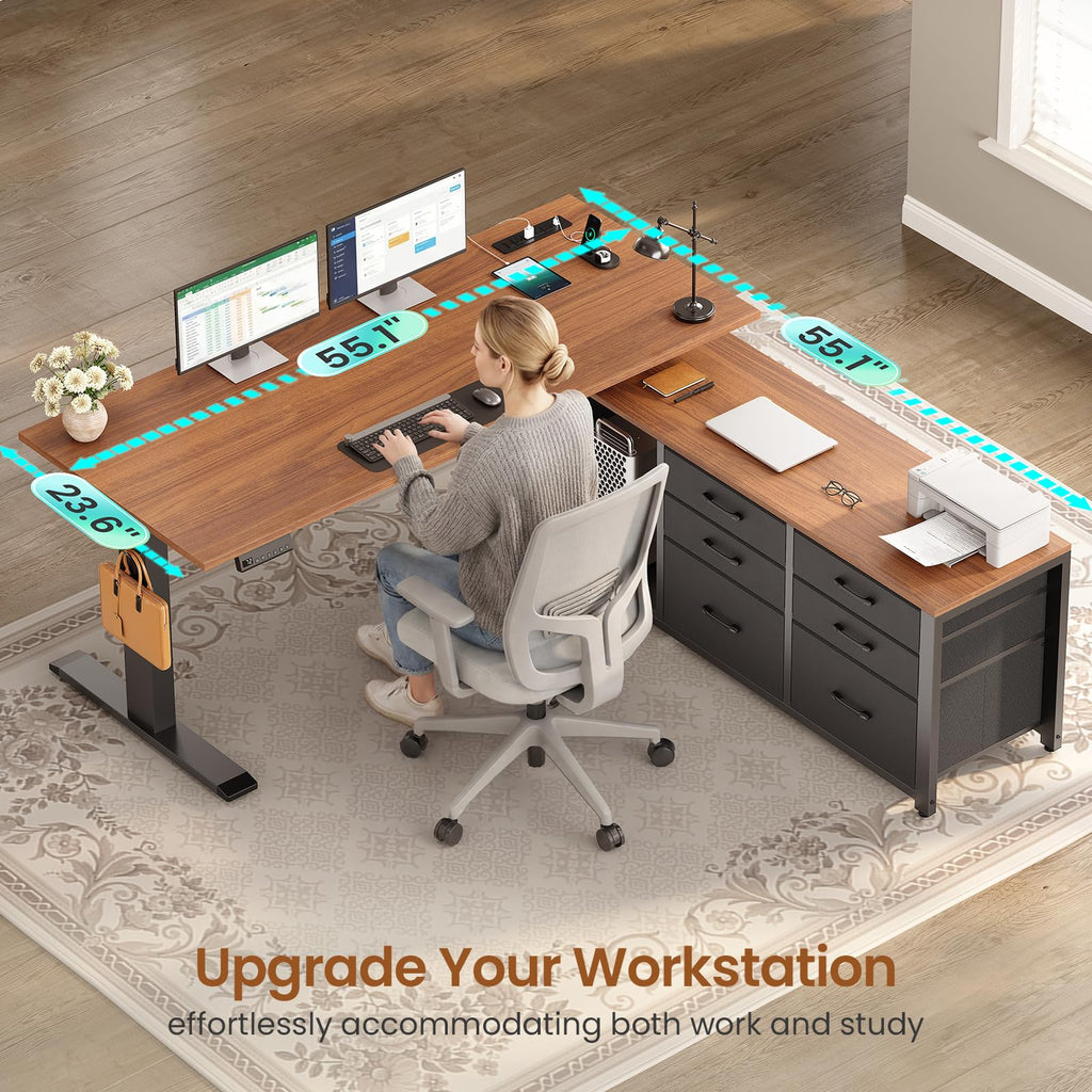 L Shaped Electric Standing Desk, 55" x 55" Height Adjustable Corner Office Desk with 6 Fabric Drawers and Storage Shelves, Stand up Home Office Desk with Power Outlet, Black and Brown B53145