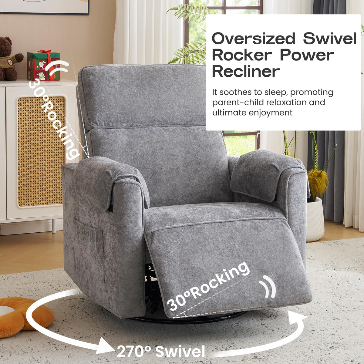 Oversized Swivel Rocking Recliner Chair with USB Ports, Grey R450