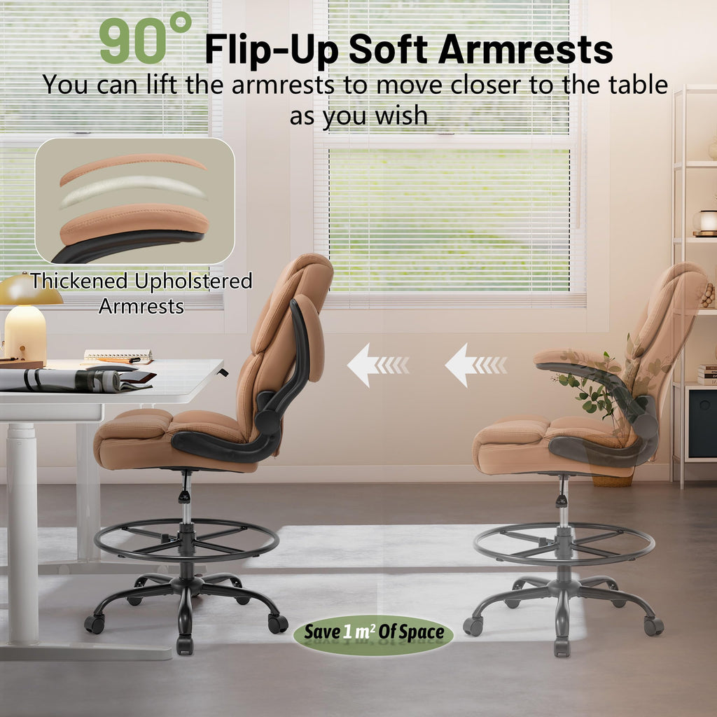 Brown High Back Upholstered Drafting Chair with Flip-up Armrests K359379