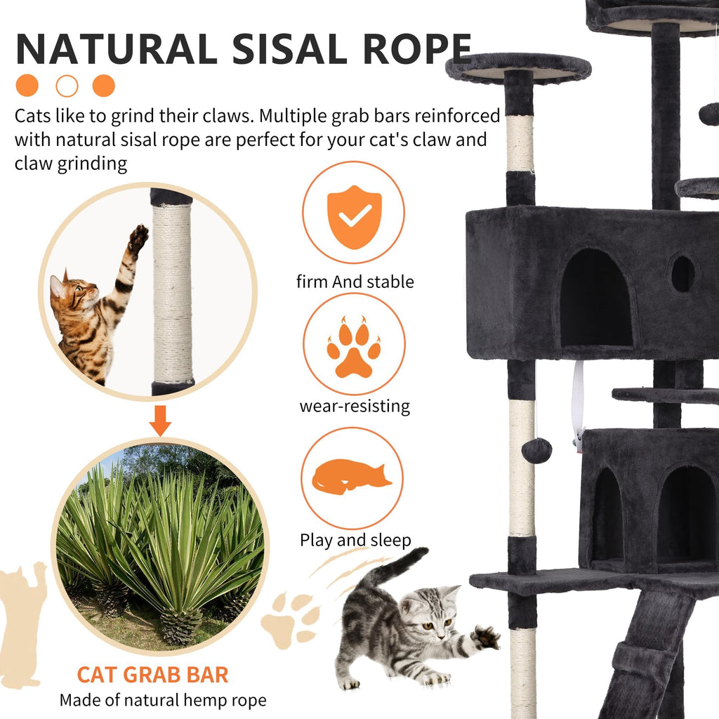 70 Inch Dark Grey Cat Tree Tower with Scratching Post Q8251