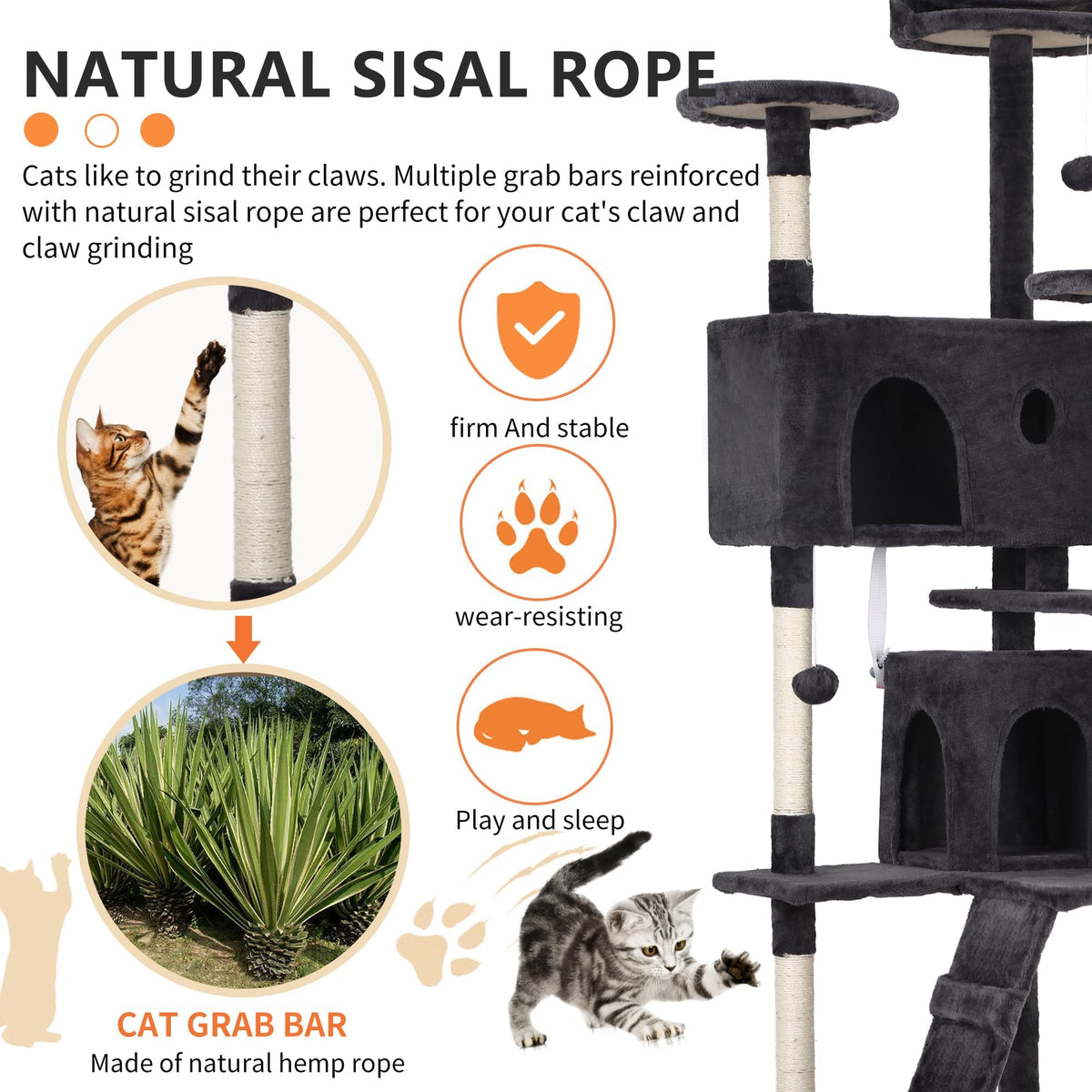 70 Inch Dark Grey Cat Tree Tower with Scratching Post Q8251