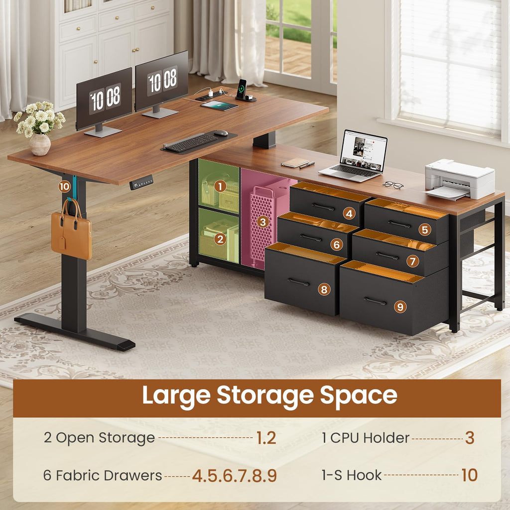 L Shaped Electric Standing Desk, 55" x 55" Height Adjustable Corner Office Desk with 6 Fabric Drawers and Storage Shelves, Stand up Home Office Desk with Power Outlet, Black and Brown B53145