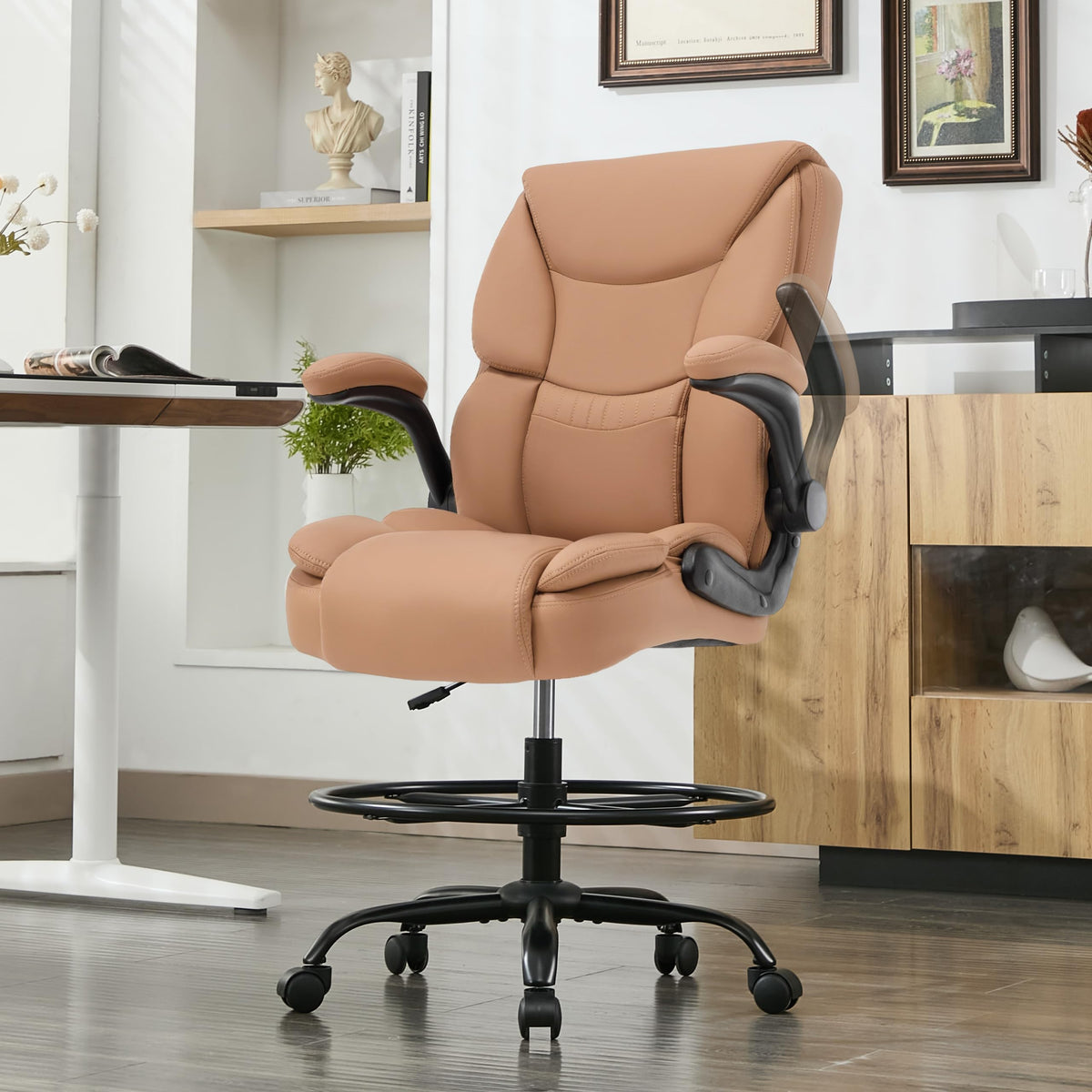 Brown High Back Upholstered Drafting Chair with Flip-up Armrests K359379