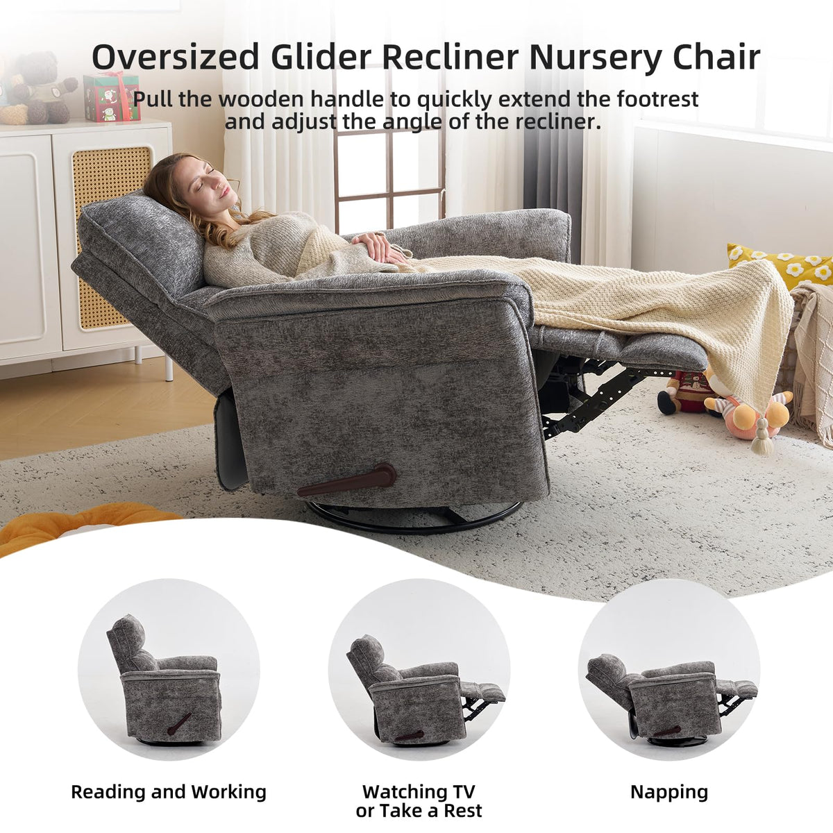 Oversized Chenille Swivel Rocker Recliner with Adjustable Headrest E9367