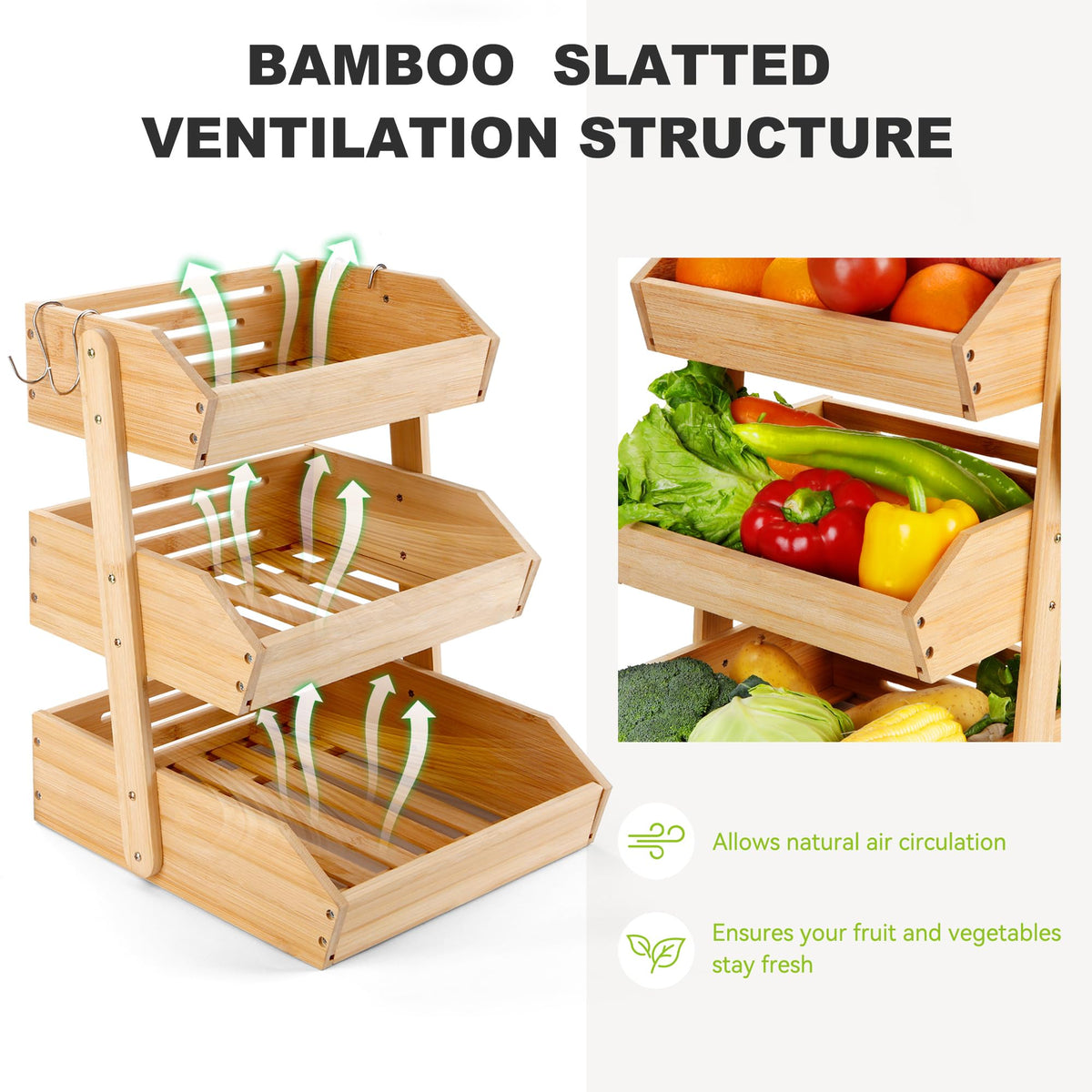 3 Tier Bamboo Fruit Basket with 2 Banana Hangers H1201