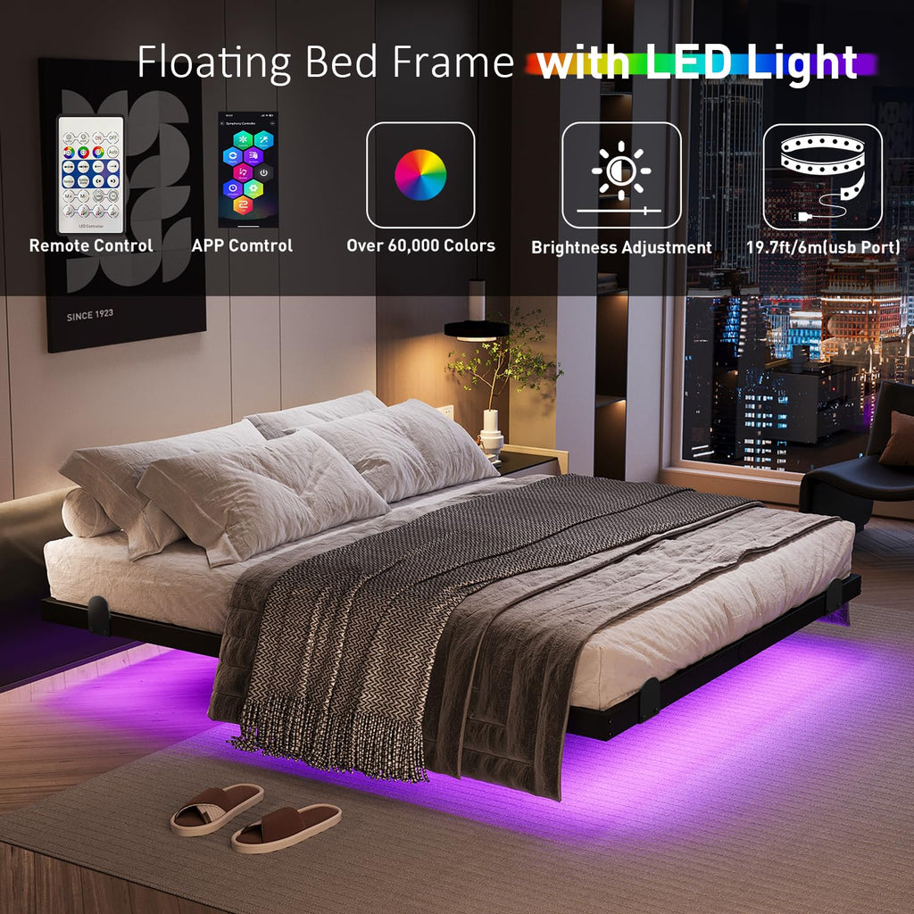 Queen Floating Bed Frame with LED Lights and Charging Station G68573