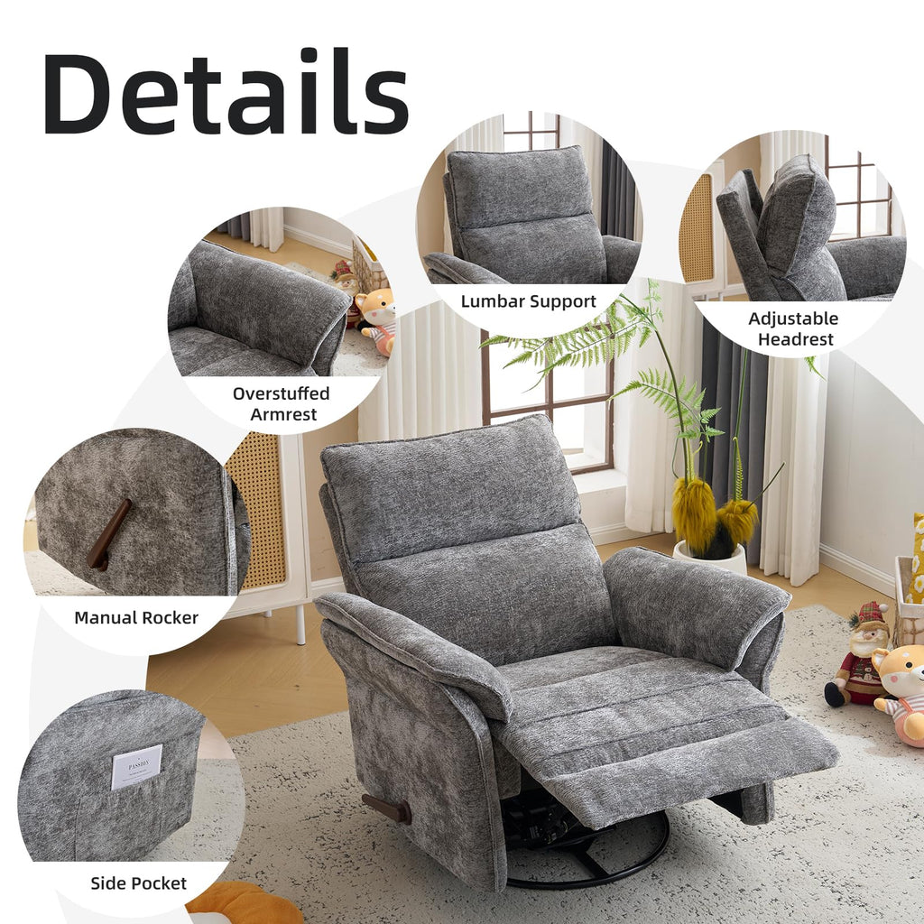 Oversized Chenille Swivel Rocker Recliner with Adjustable Headrest E9367