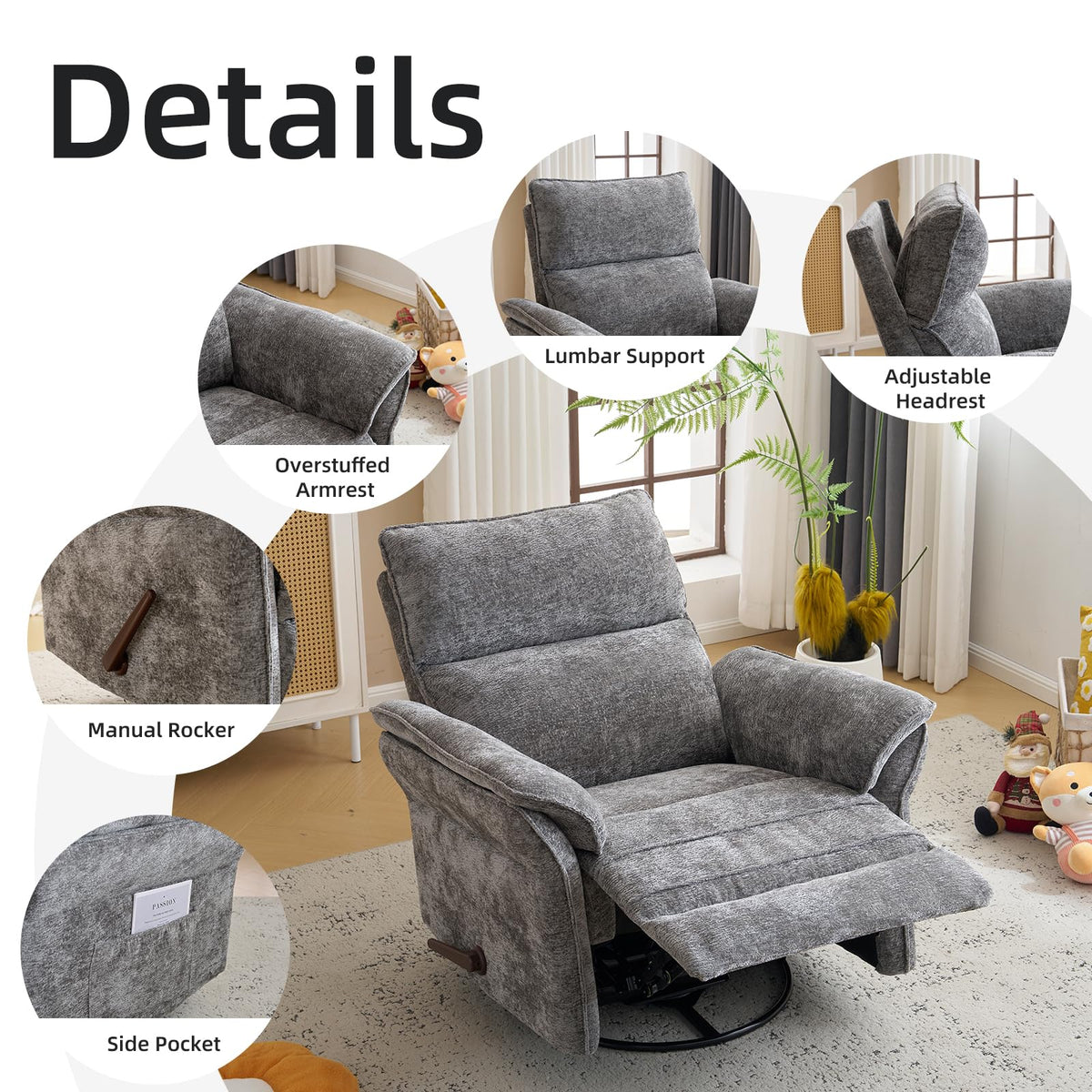 Oversized Chenille Swivel Rocker Recliner with Adjustable Headrest E9367