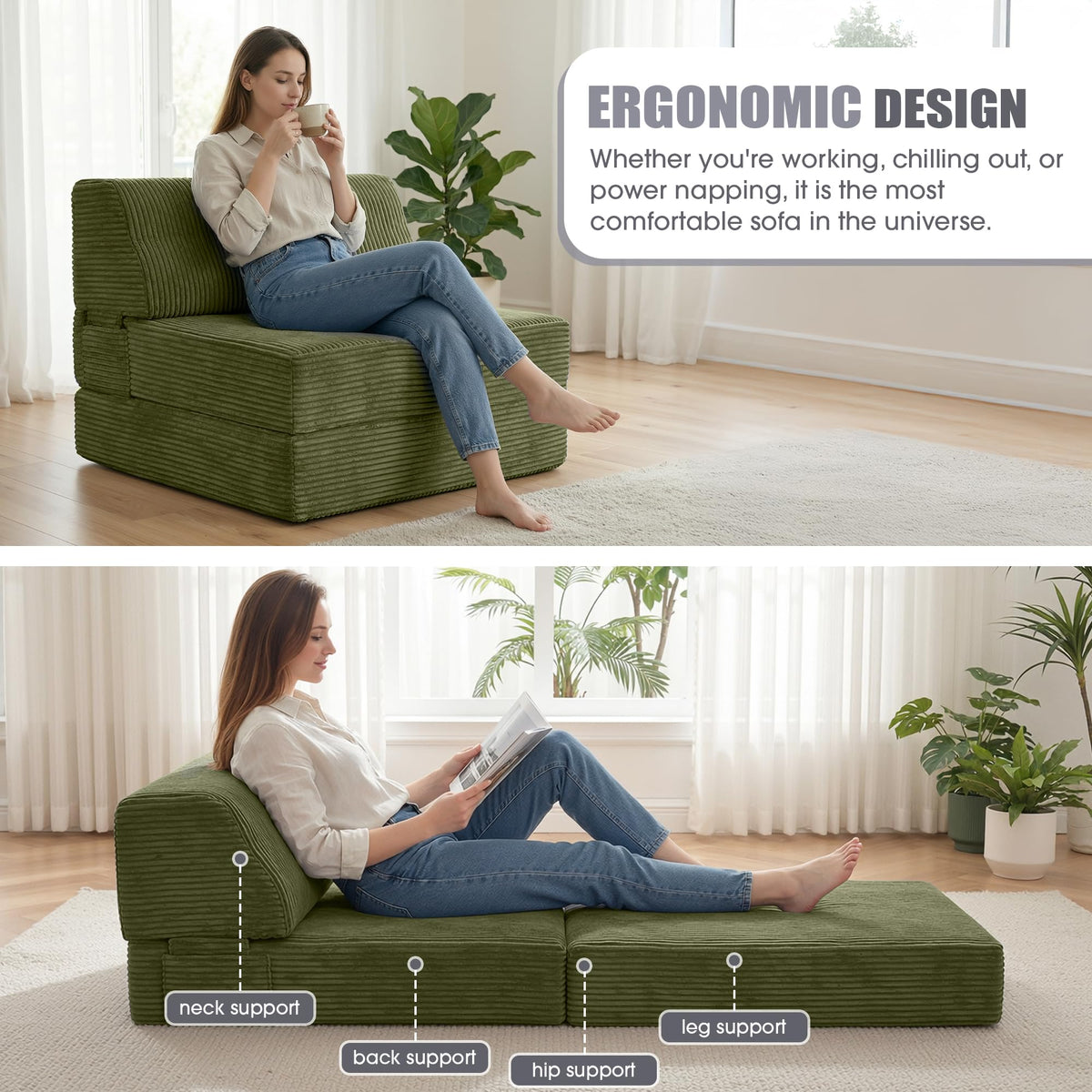 Folding Sofa Bed with Pillow, Memory Foam Sleeper Chair, Green N5792