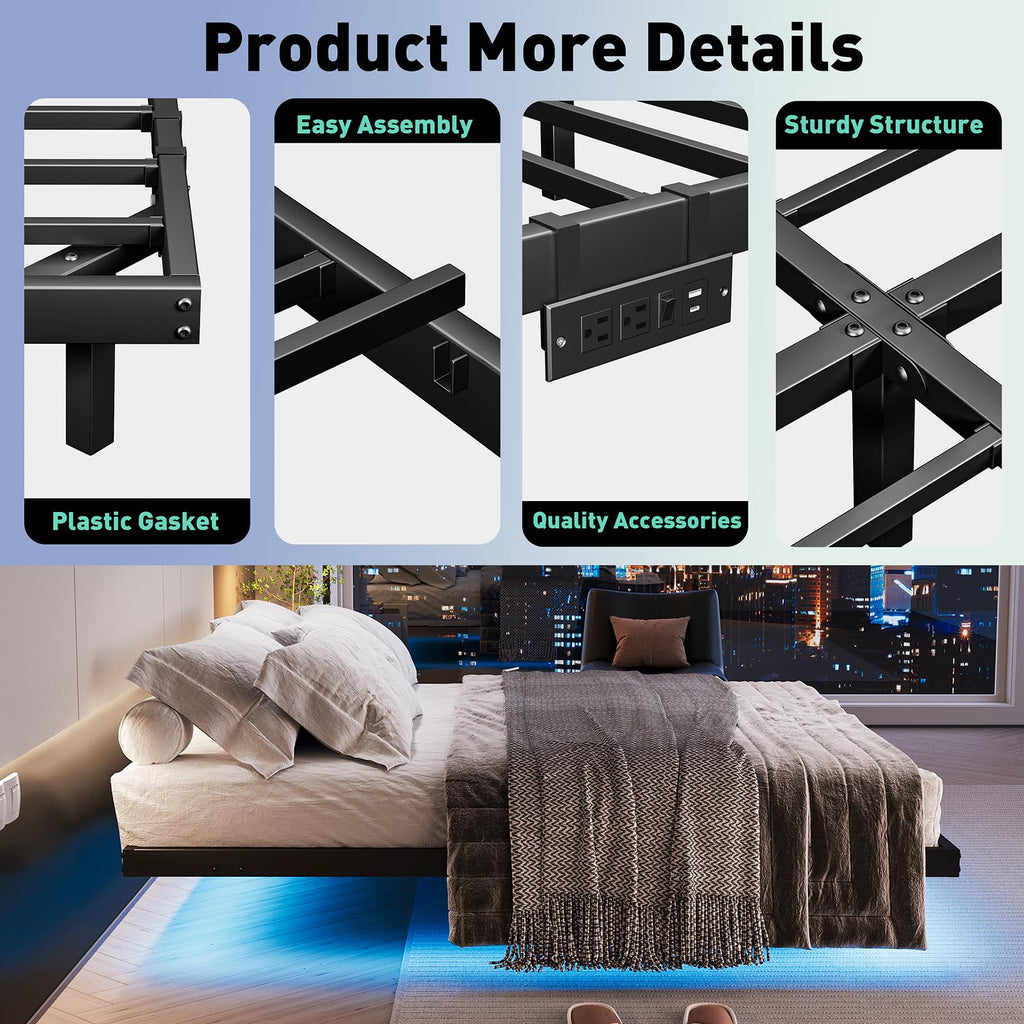 Queen Floating Bed Frame with LED Lights and Charging Station G68573