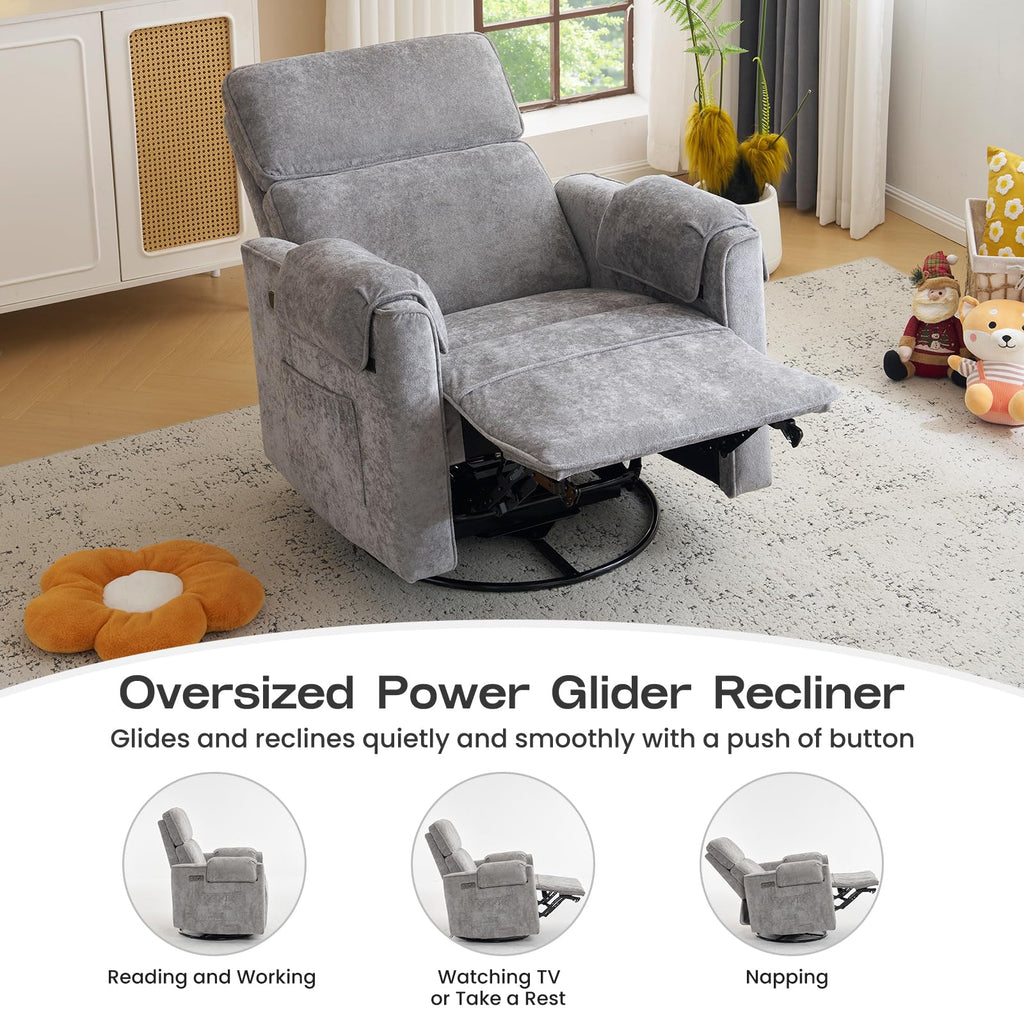 Oversized Swivel Rocking Recliner Chair with USB Ports, Grey R450