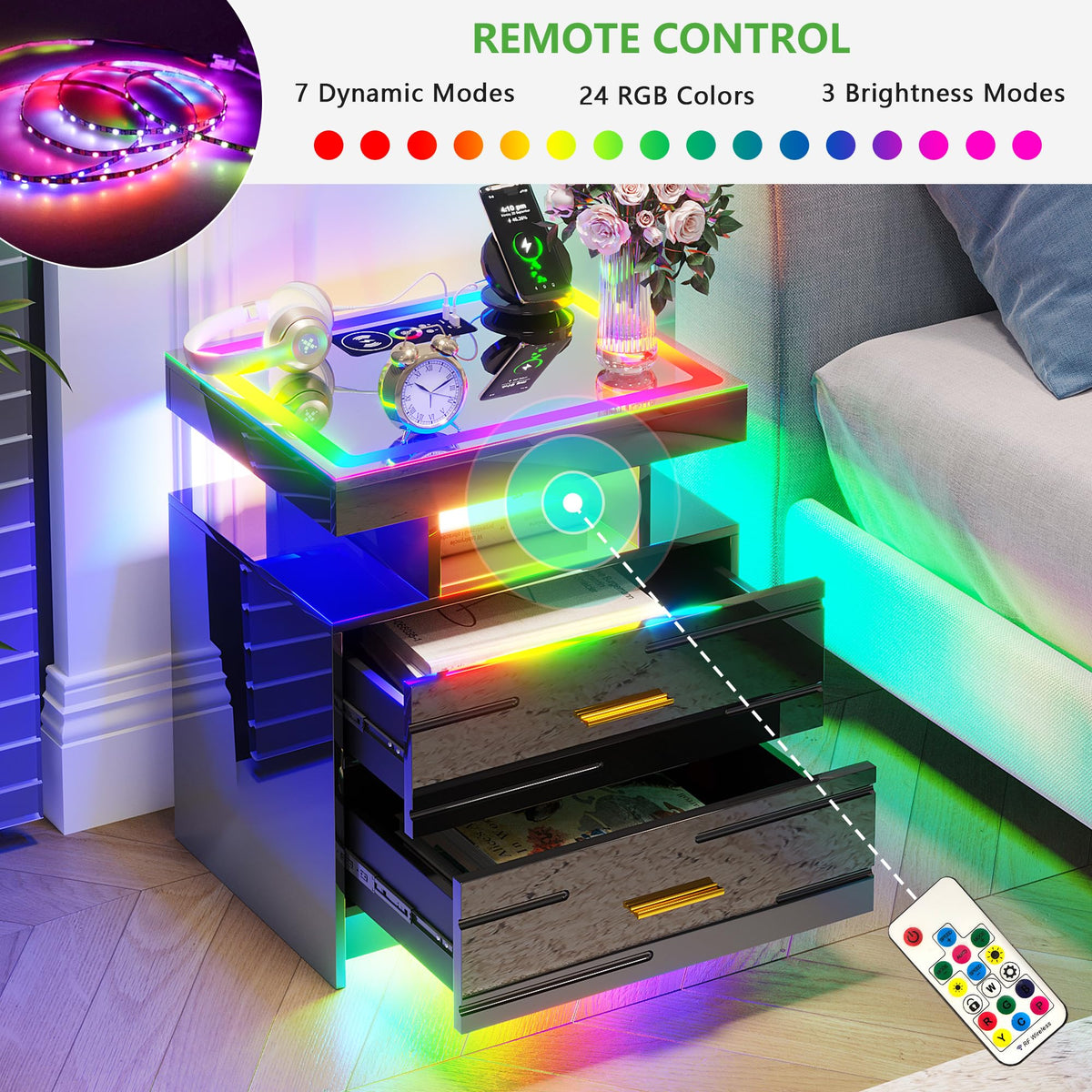 Black Smart Nightstand with Wireless Charging Station F20361