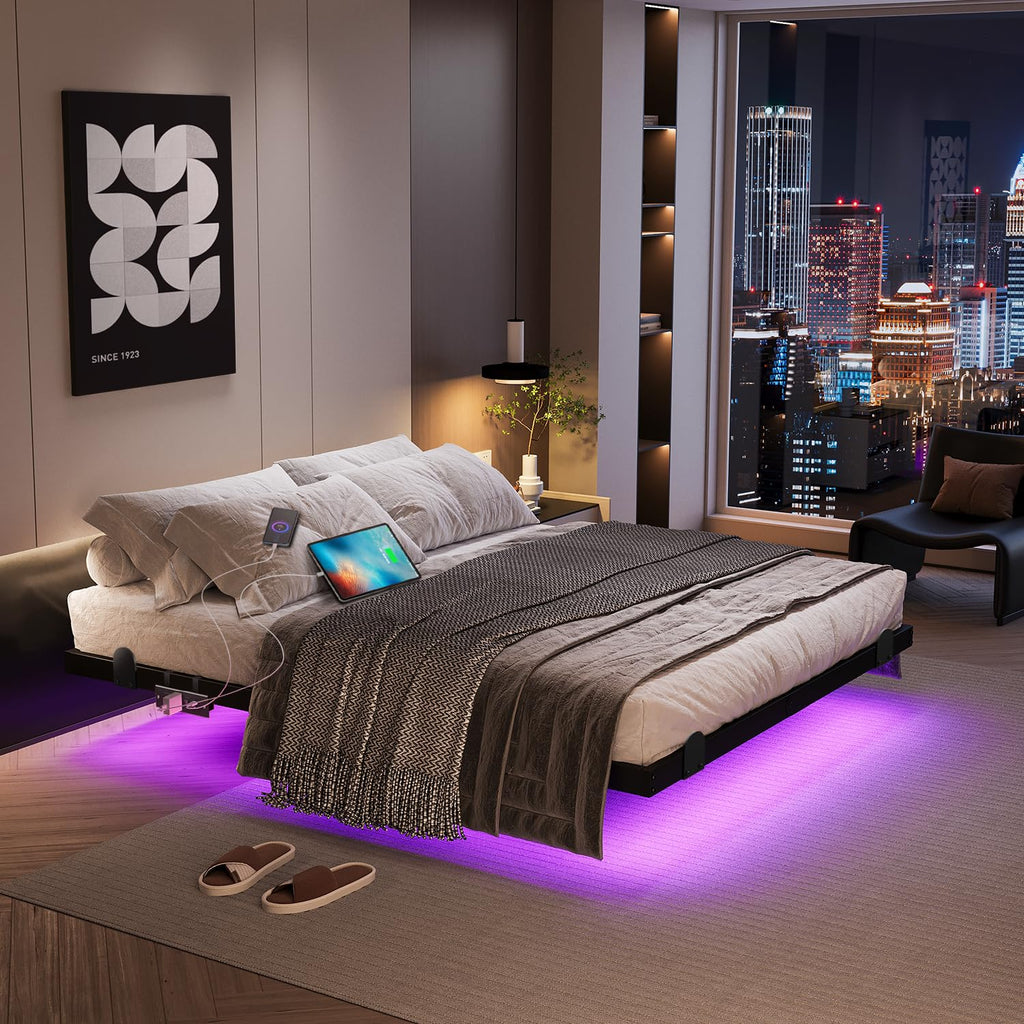 Queen Floating Bed Frame with LED Lights and Charging Station G68573