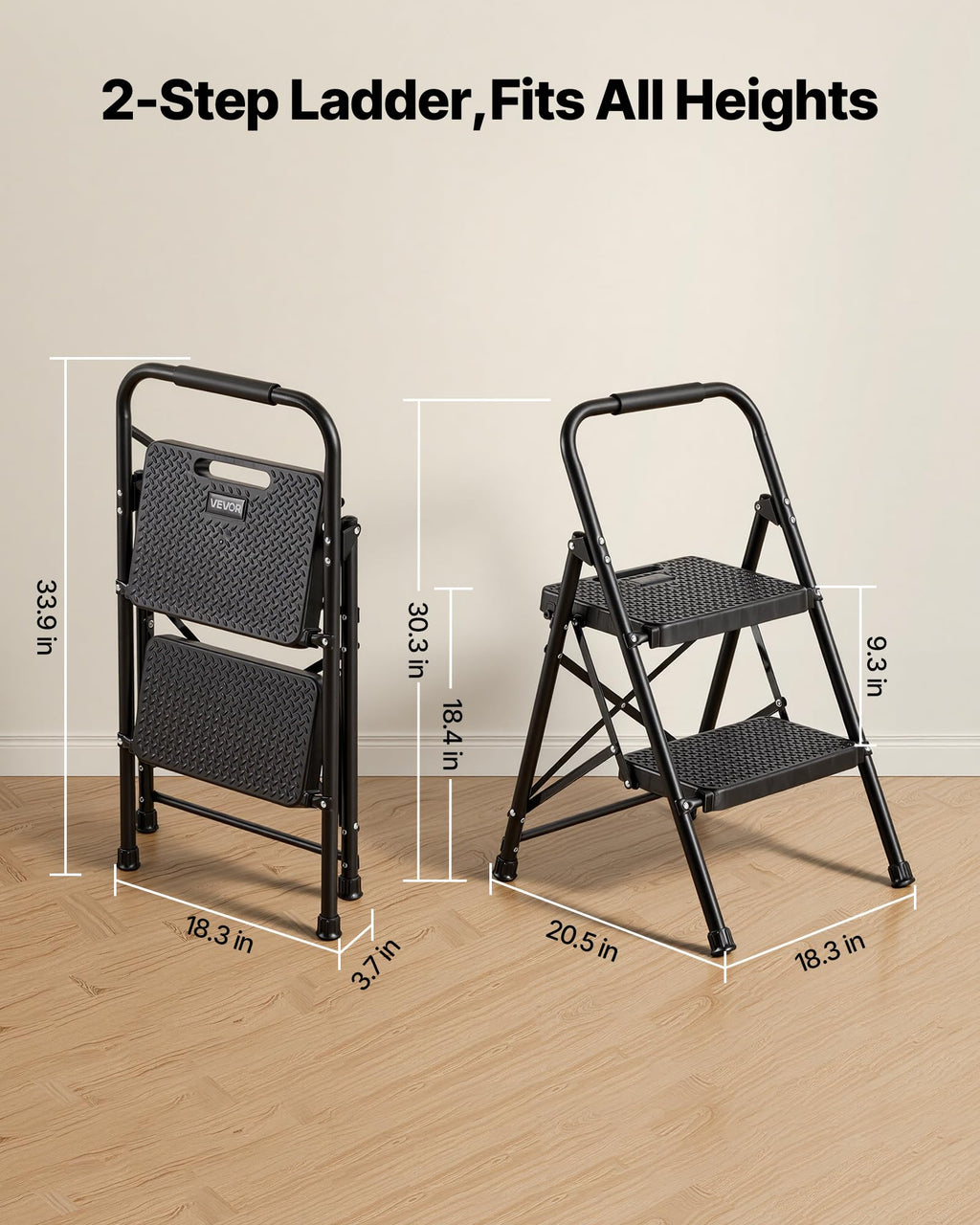 2 Step Folding Steel Ladder 600 lbs Capacity Black T95937