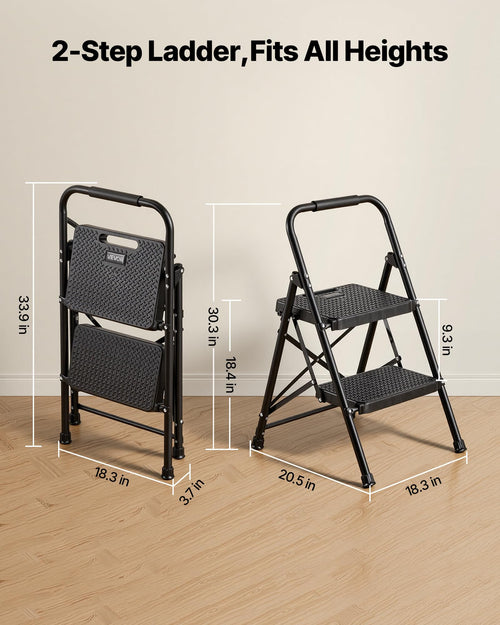 2 Step Folding Steel Ladder 600 lbs Capacity Black T95937