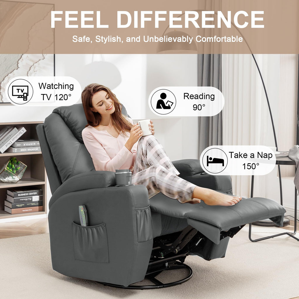 Massage Heat 360° Swivel Rocking Recliner Chair with Remote and Cup Holder U58376