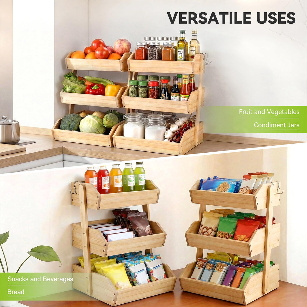 3 Tier Bamboo Fruit Basket with 2 Banana Hangers H1201