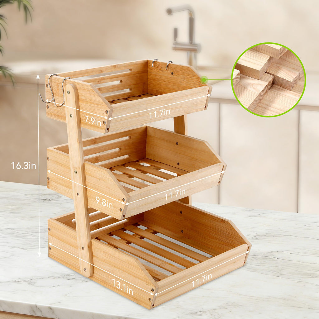 3 Tier Bamboo Fruit Basket with 2 Banana Hangers H1201