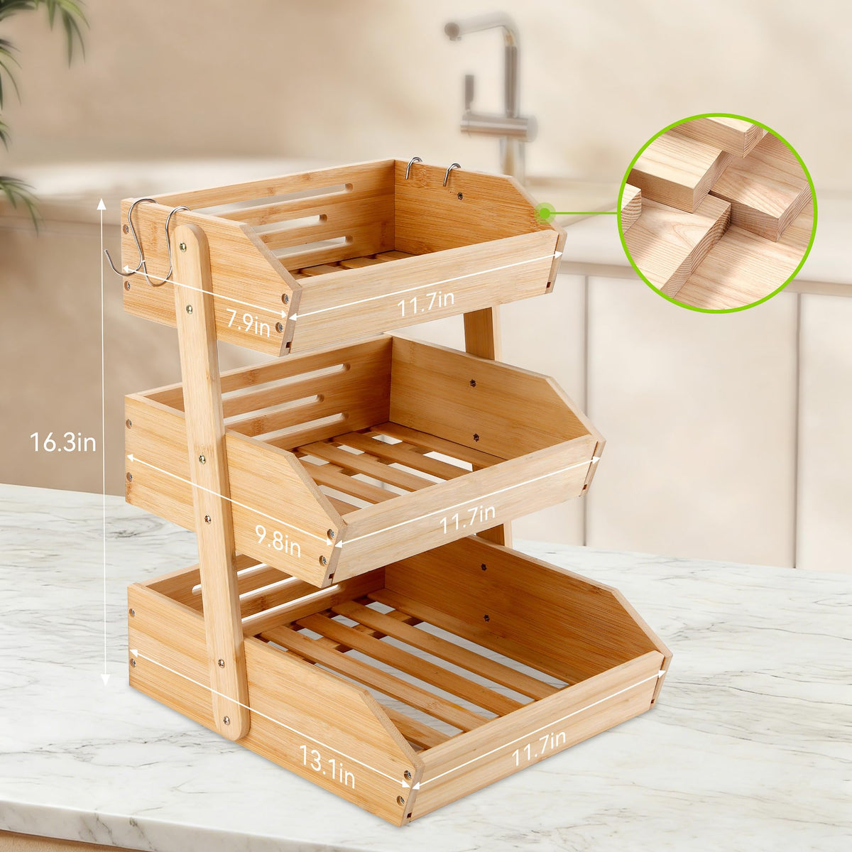 3 Tier Bamboo Fruit Basket with 2 Banana Hangers H1201
