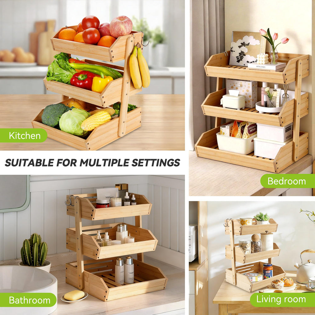 3 Tier Bamboo Fruit Basket with 2 Banana Hangers H1201