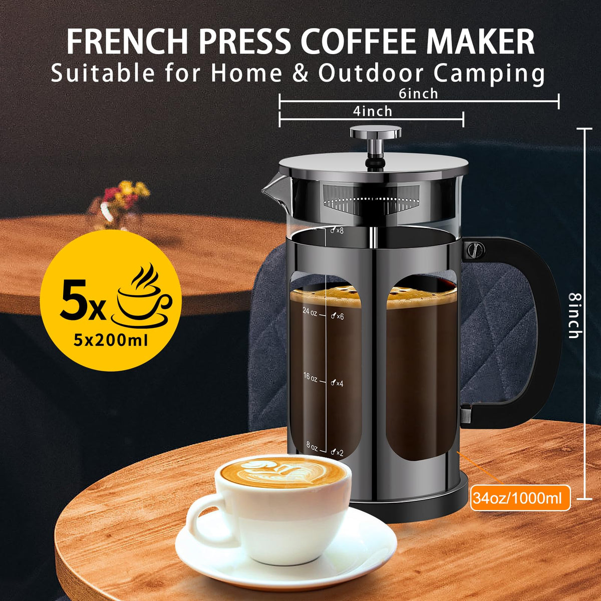 French Press Coffee Maker 34oz with 4 Filters Borosilicate Glass N542