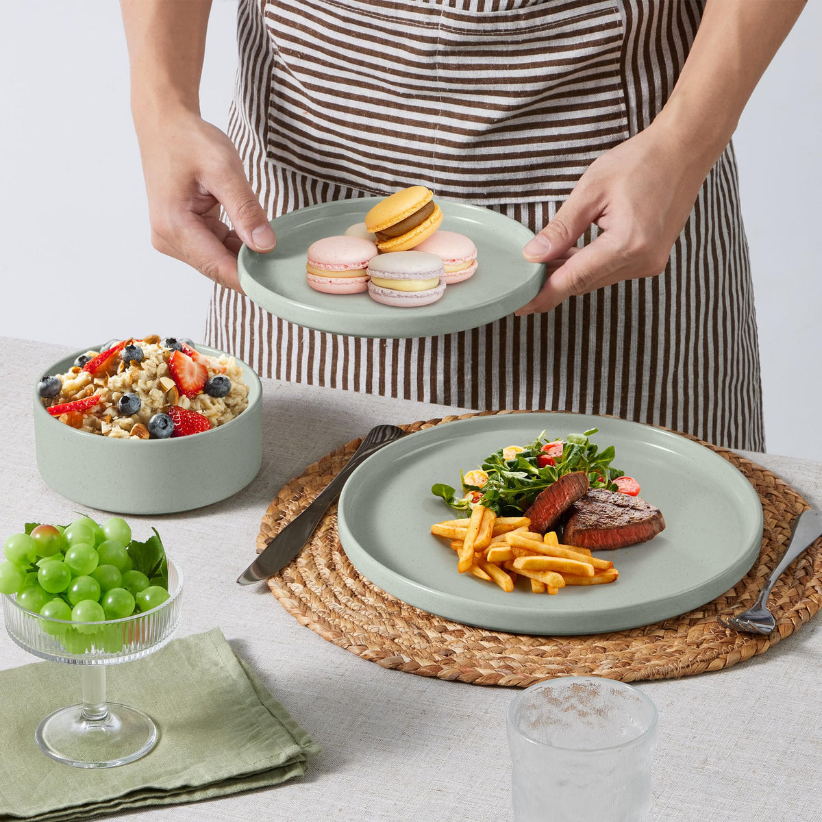 Stoneware Dinnerware Set with Pasta Bowls, 12 Pc Speckled Green Ceramic Plates and Bowls R528