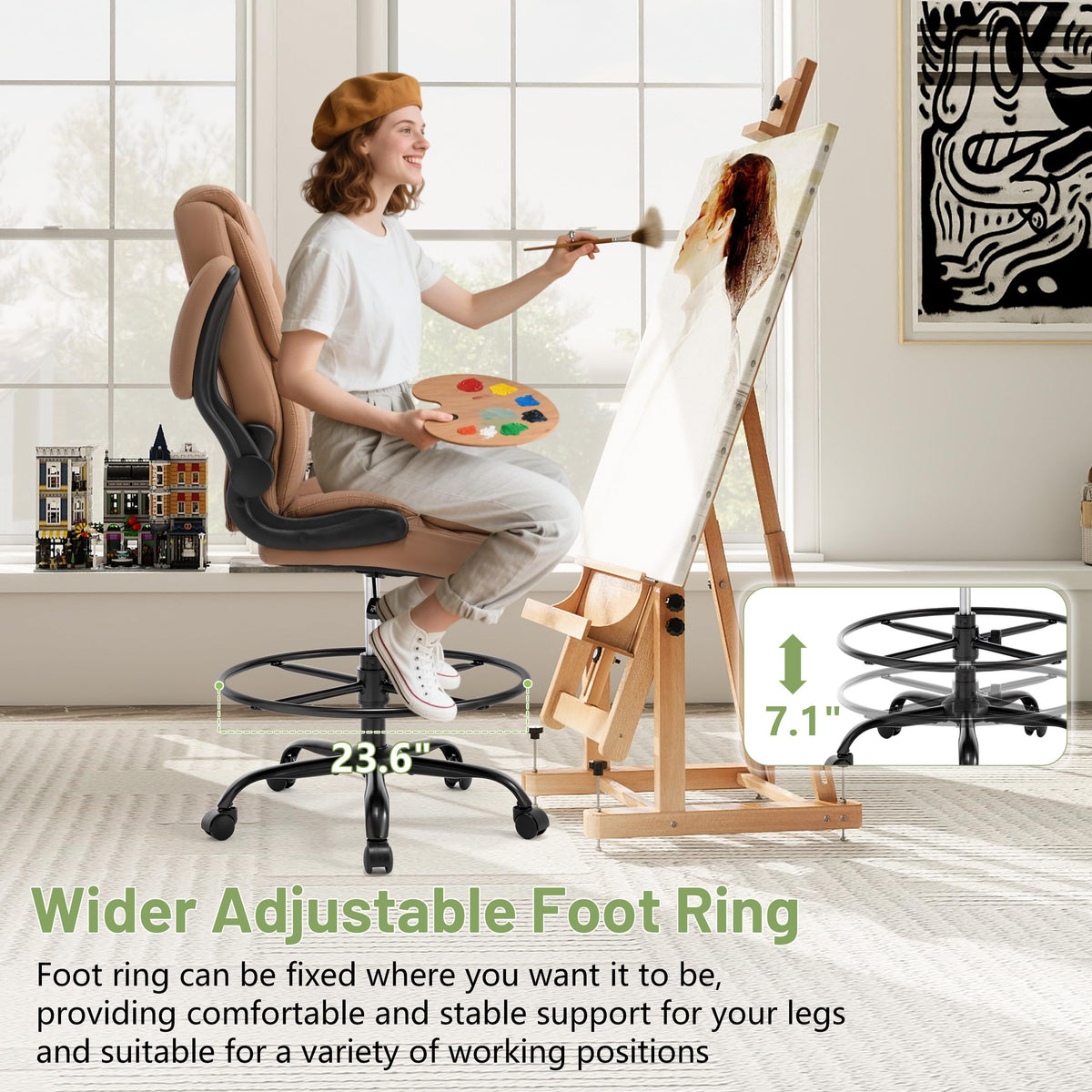 Brown High Back Upholstered Drafting Chair with Flip-up Armrests K359379