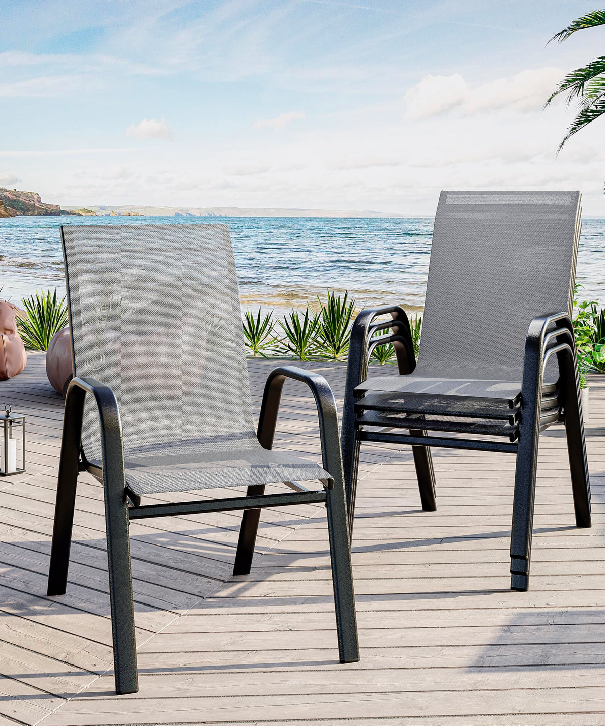 4 Pcs Stackable Grey Metal Textilene Patio Chairs H542994