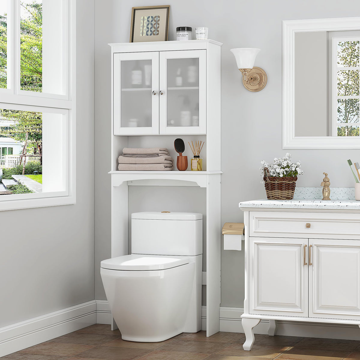 Over the Toilet Storage Cabinet with Tempered Glass Doors E1443