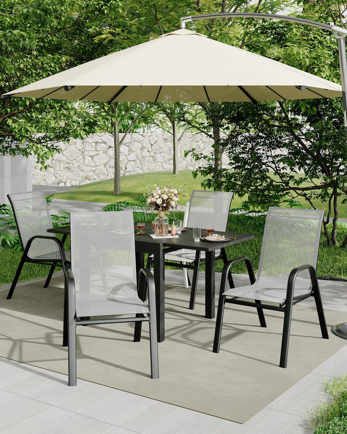 4 Pcs Stackable Grey Metal Textilene Patio Chairs H542994