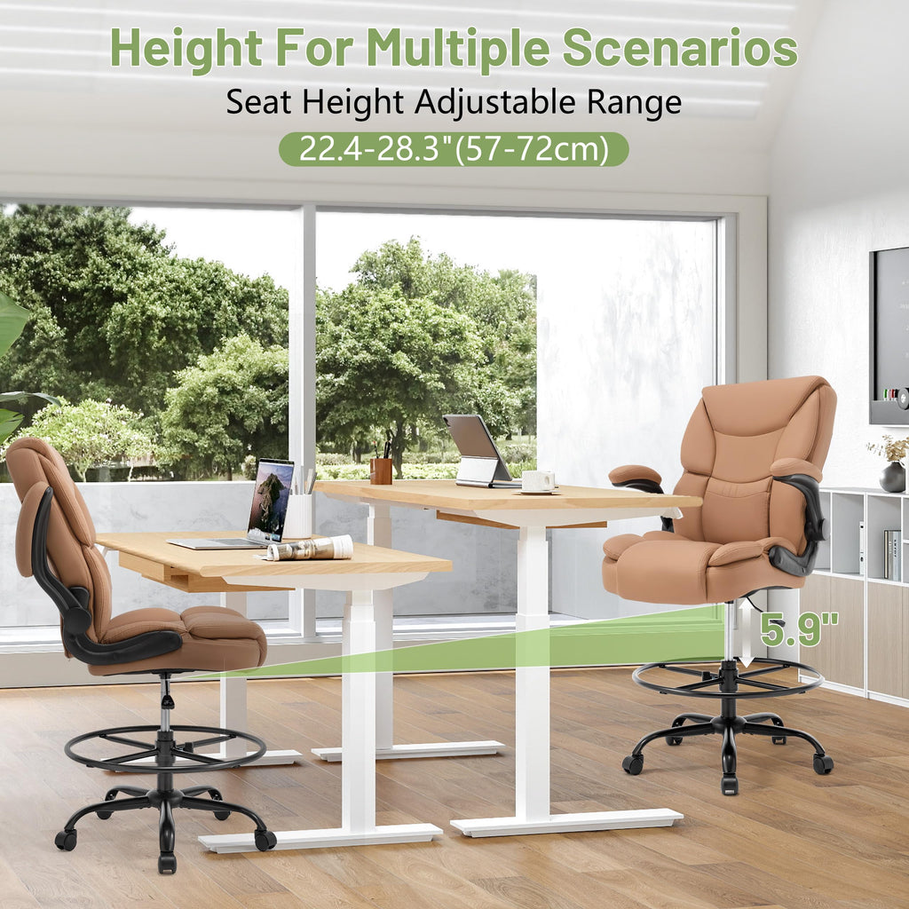 Brown High Back Upholstered Drafting Chair with Flip-up Armrests K359379