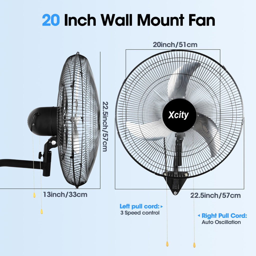 20 inch Industrial Wall Mounted Oscillating Fan, 3-Speed, 5500 CFM, Black R231273