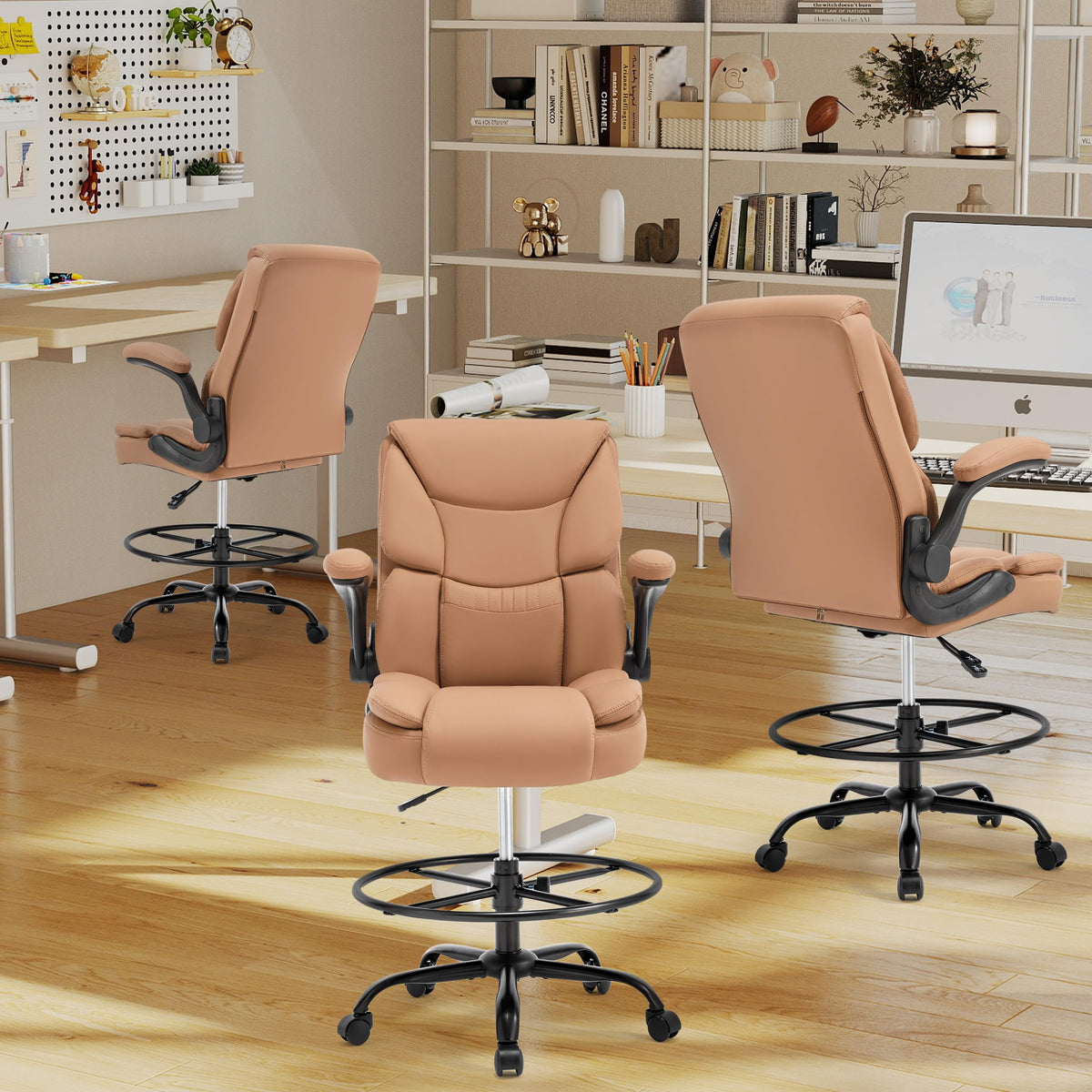 Brown High Back Upholstered Drafting Chair with Flip-up Armrests K359379